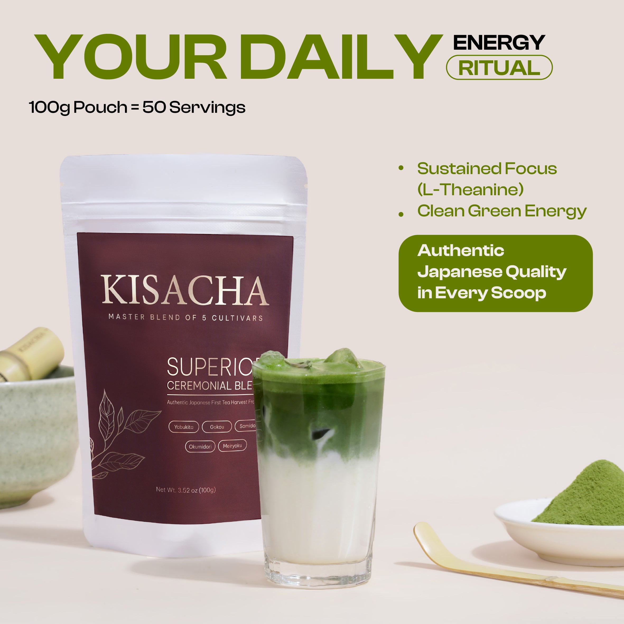 KISACHA Matcha Superior Ceremonial Blend – Authentic Japanese First Harvest Ceremonial Grade Matcha Green Tea Powder from Uji, Kyoto (3.52oz / 100gr)