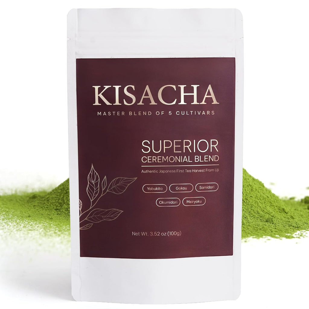 KISACHA Matcha Superior Ceremonial Blend – Authentic Japanese First Harvest Ceremonial Grade Matcha Green Tea Powder from Uji, Kyoto (3.52oz / 100gr)